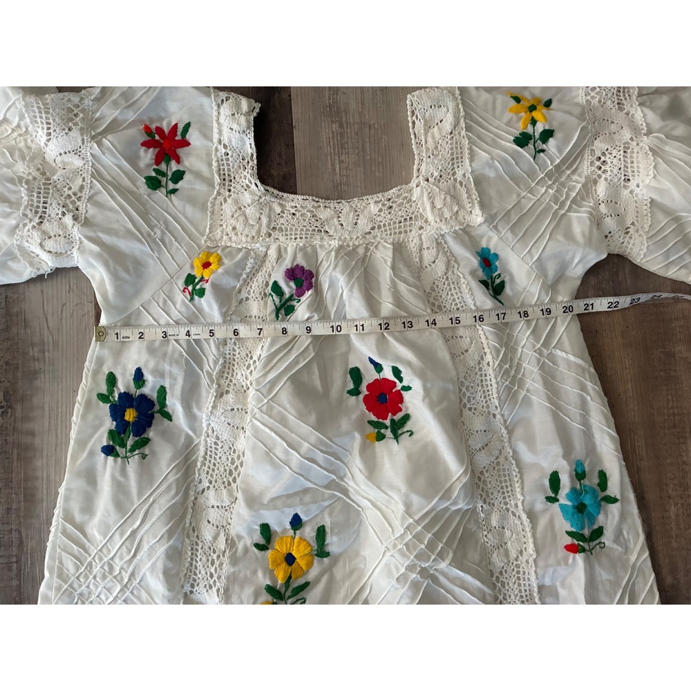 Vintage Hand Embroidered Floral Maxi Dress White Lace Boho Peasant L/XL - Picture 4 of 10